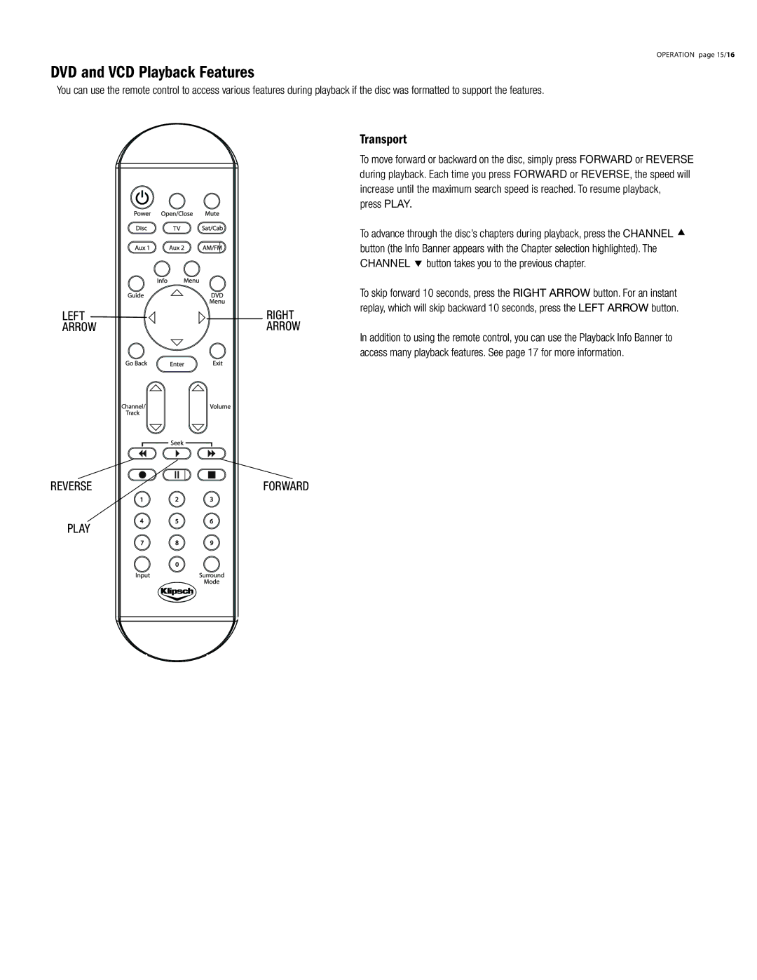 Klipsch CS-700 owner manual DVD and VCD Playback Features, Transport 