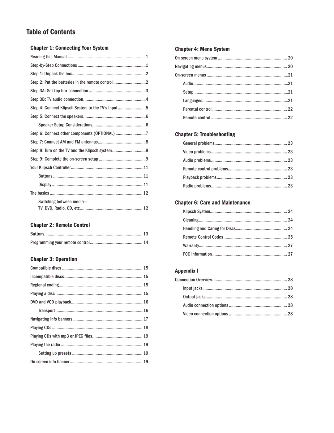 Klipsch CS-700 owner manual Table of Contents 