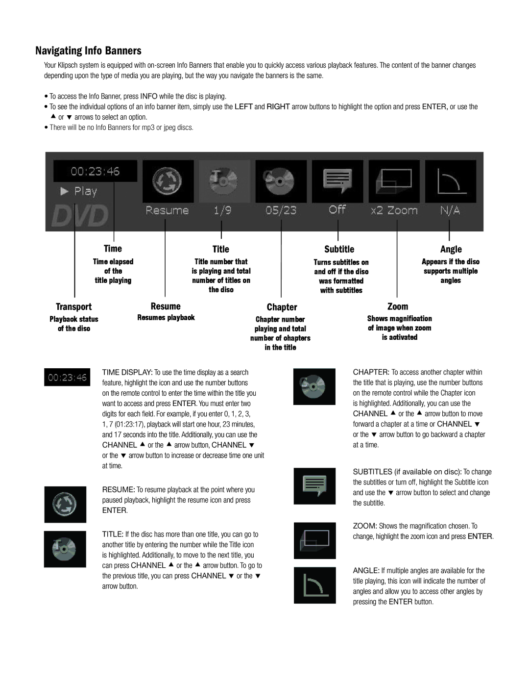 Klipsch CS-700 owner manual Navigating Info Banners, Subtitle 