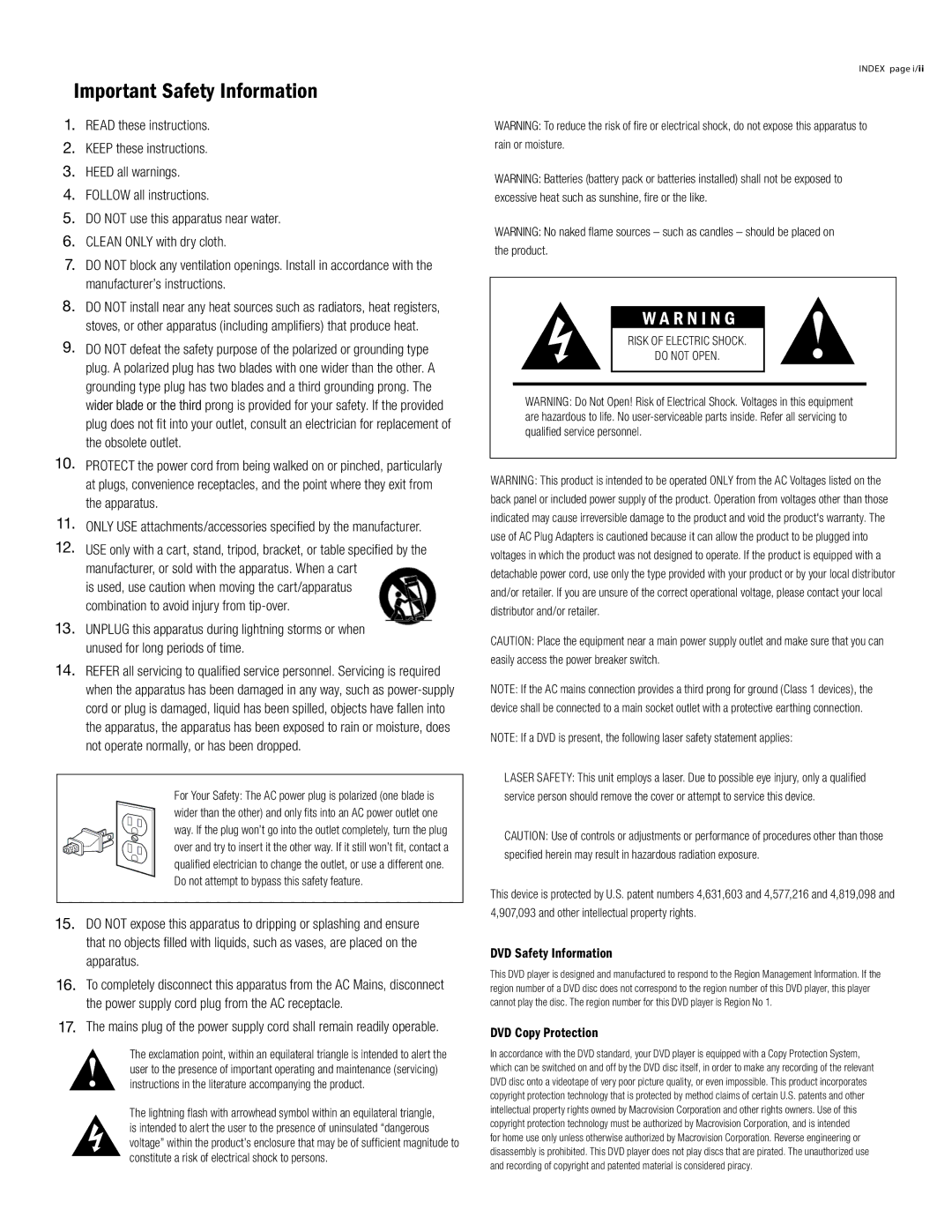 Klipsch CS-700 owner manual Important Safety Information, DVD Safety Information, DVD Copy Protection 