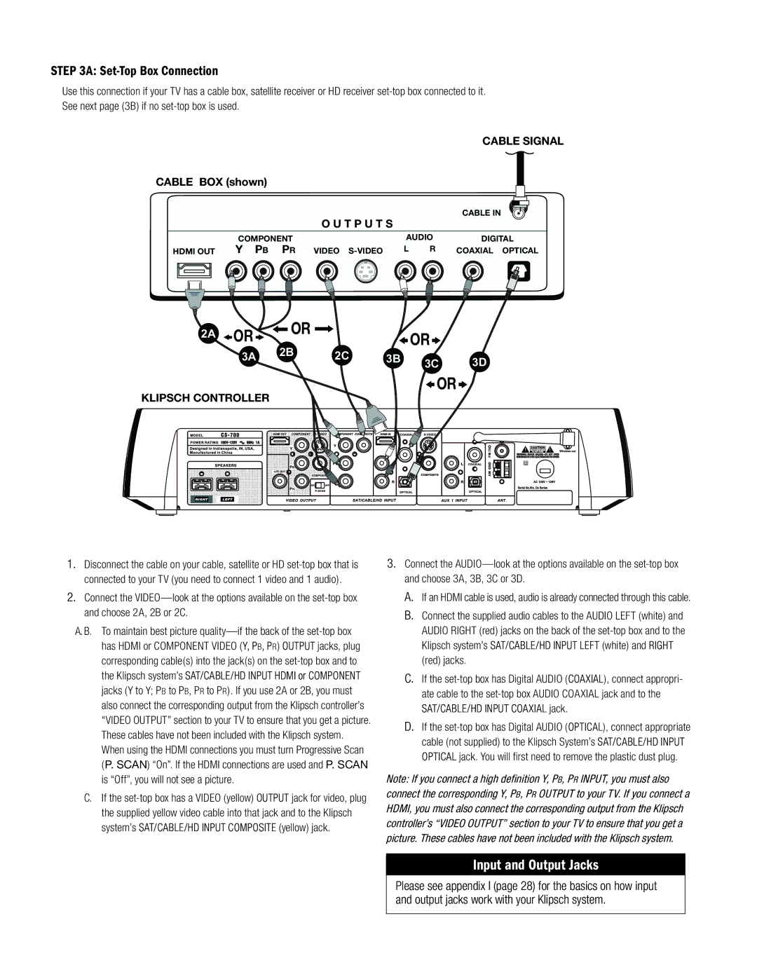 Klipsch CS-700 owner manual Set-Top Box Connection, Cable Signal, T P U T S, Klipsch Controller 