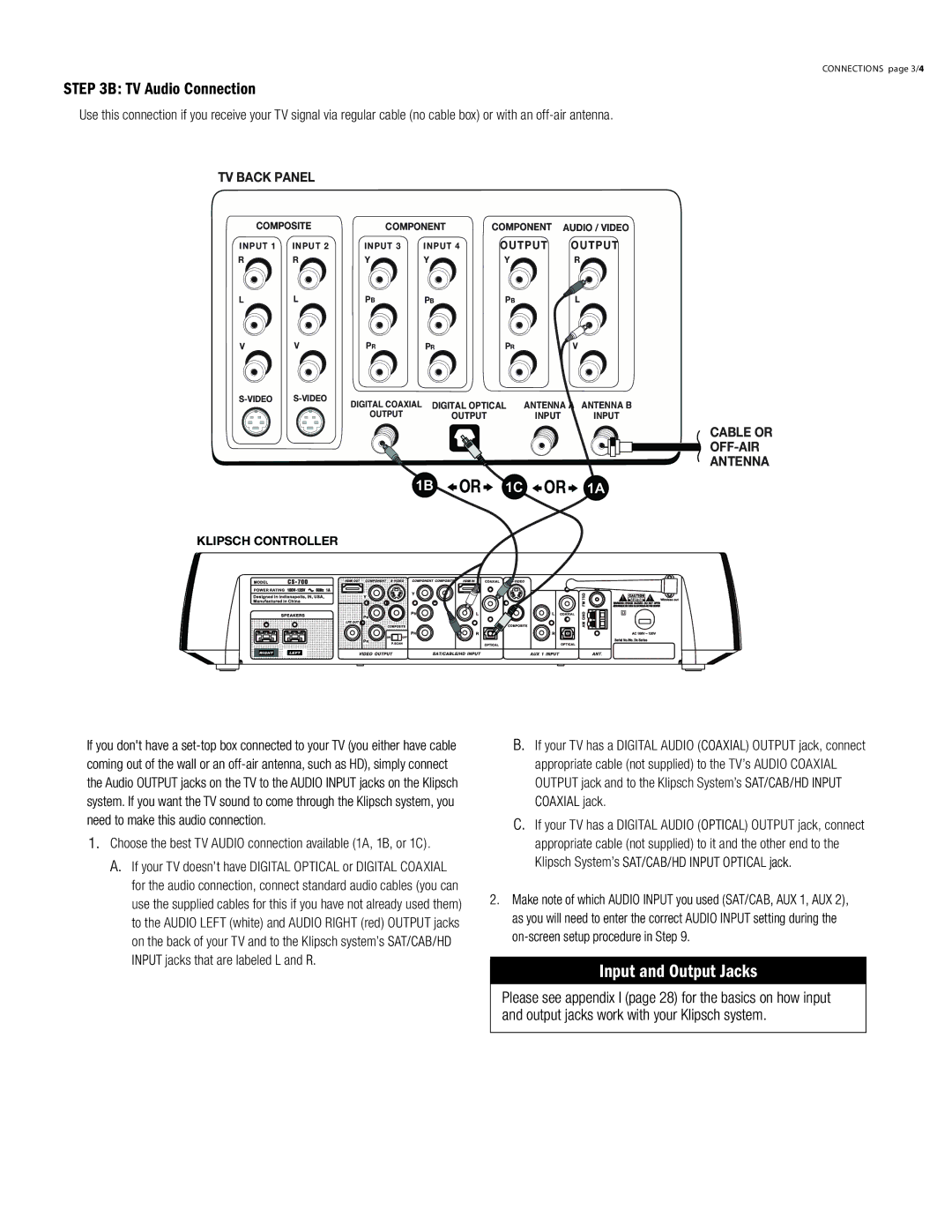 Klipsch CS-700 owner manual TV Audio Connection, TV Back Panel, Off-Air 