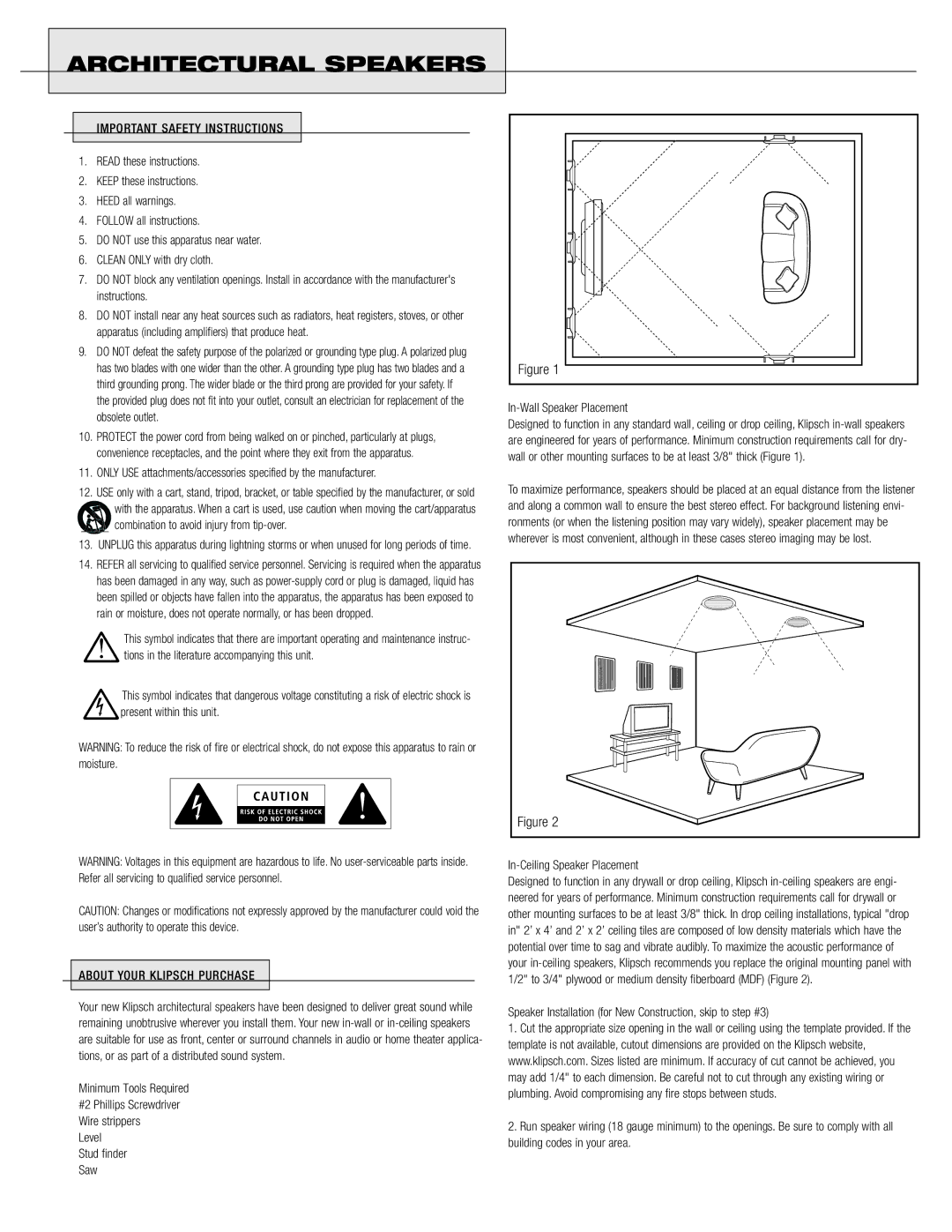 Klipsch CS ARCHITECTURAL Important Safety Instructions, About Your Klipsch Purchase, Level, In-Ceiling Speaker Placement 