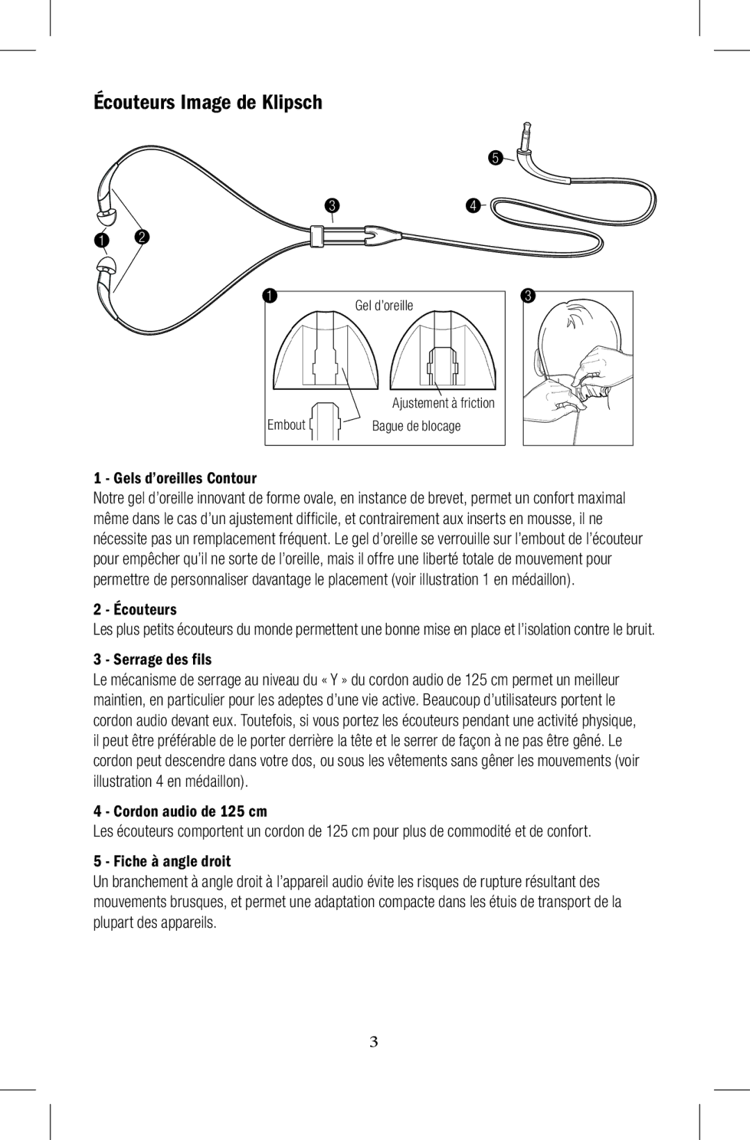 Klipsch Earphones owner manual Écouteurs Image de Klipsch, Gels d’oreilles Contour, Serrage des fils 