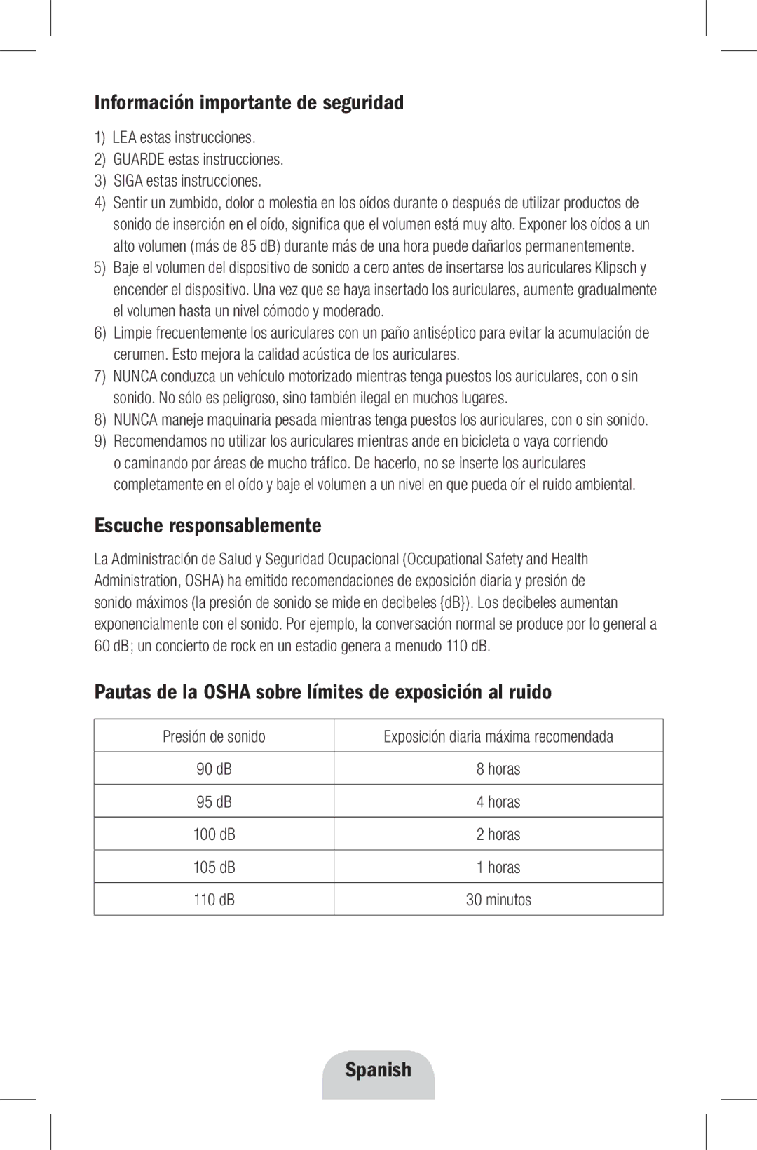 Klipsch Earphones owner manual Información importante de seguridad, Escuche responsablemente, Spanish, Presión de sonido 