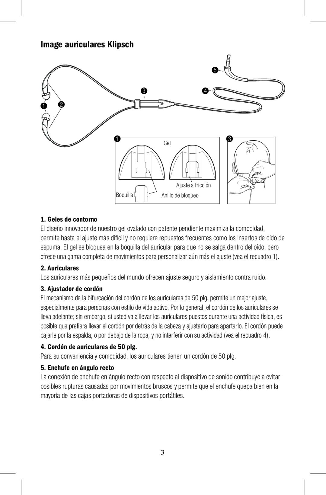 Klipsch Earphones owner manual Image auriculares Klipsch, Geles de contorno, Auriculares, Ajustador de cordón 