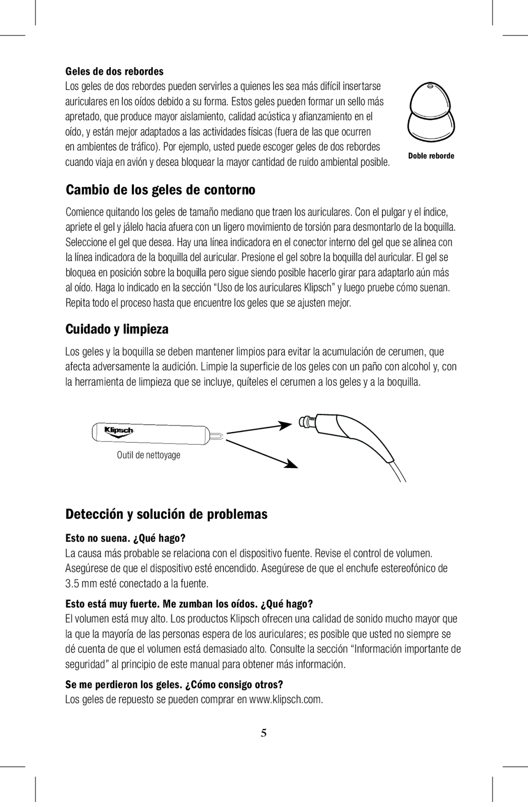 Klipsch Earphones owner manual Cambio de los geles de contorno, Cuidado y limpieza, Detección y solución de problemas 