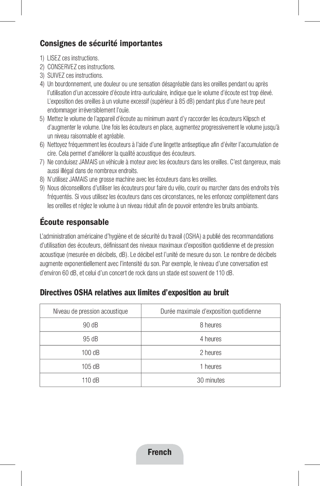 Klipsch Earphones owner manual Consignes de sécurité importantes, Écoute responsable, French 