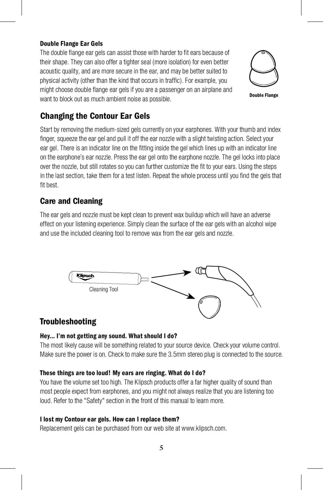 Klipsch Earphones owner manual Changing the Contour Ear Gels, Care and Cleaning, Troubleshooting 