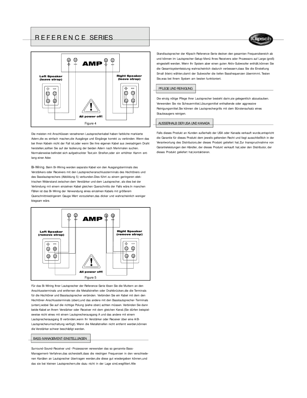 Klipsch Floorstanding Speaker owner manual Pflege UND Reinigung, Bass-Management-Einstellungen 