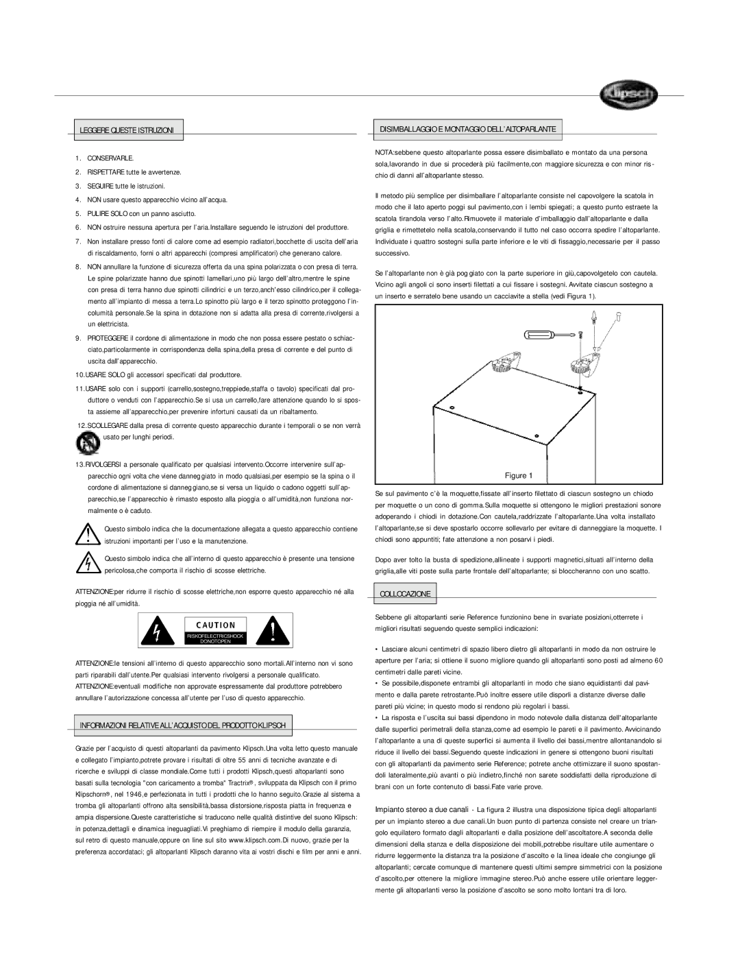 Klipsch Floorstanding Speaker Leggere Queste Istruzioni Conservarle, Usare Solo gli accessori specificati dal produttore 