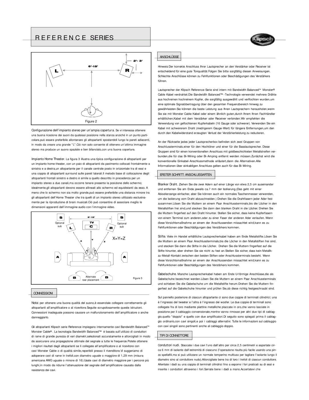 Klipsch Floorstanding Speaker owner manual Connessioni, Tipi DI Connettore 