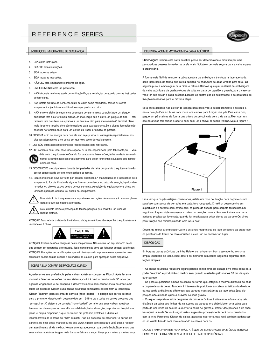 Klipsch Floorstanding Speaker Instruções Importantes DE Segurança, Sobre a SUA Compra DE Produtos Klipsch, Disposição 