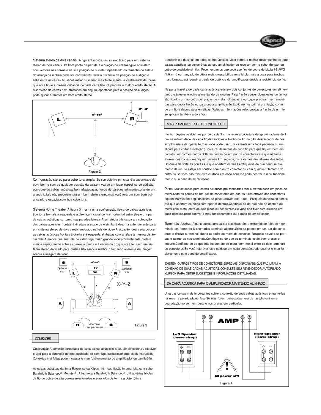 Klipsch Floorstanding Speaker owner manual Conexões, MAS Primeirotipos DE Conectores 