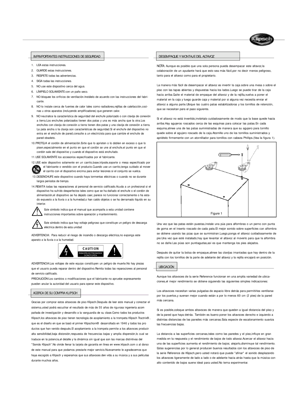 Klipsch Floorstanding Speaker owner manual Impimportantes Instrucciones DE Seguridad, Ubicación 