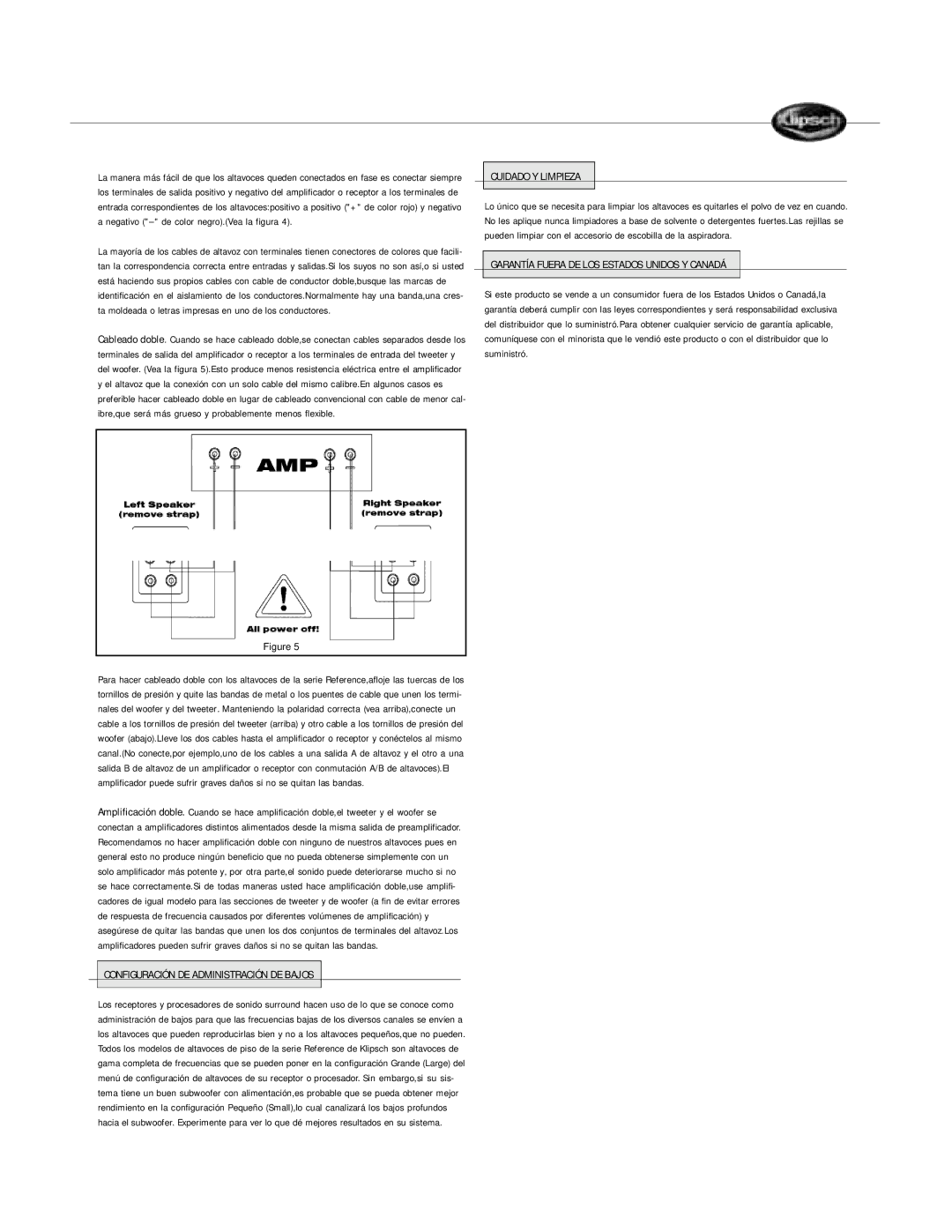 Klipsch Floorstanding Speaker owner manual Cuidado Y Limpieza, Garantía Fuera DE LOS Estados Unidos Y Canadá 