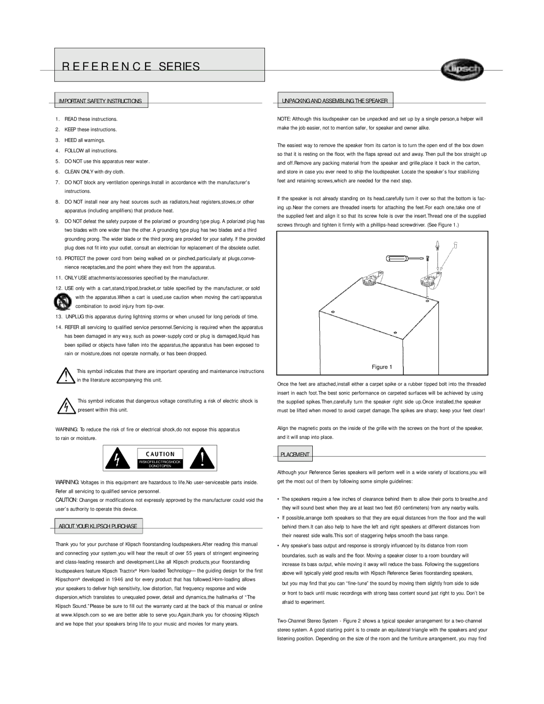 Klipsch Floorstanding Speaker owner manual Important Safety Instructions, Unpacking and Assembling the Speaker, Placement 