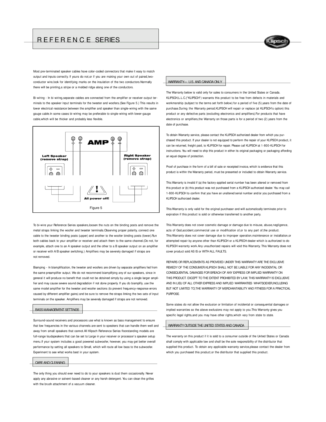 Klipsch Floorstanding Speaker owner manual Bass Management Settings, Care and Cleaning, WARRANTY- U.S. and Canada only 