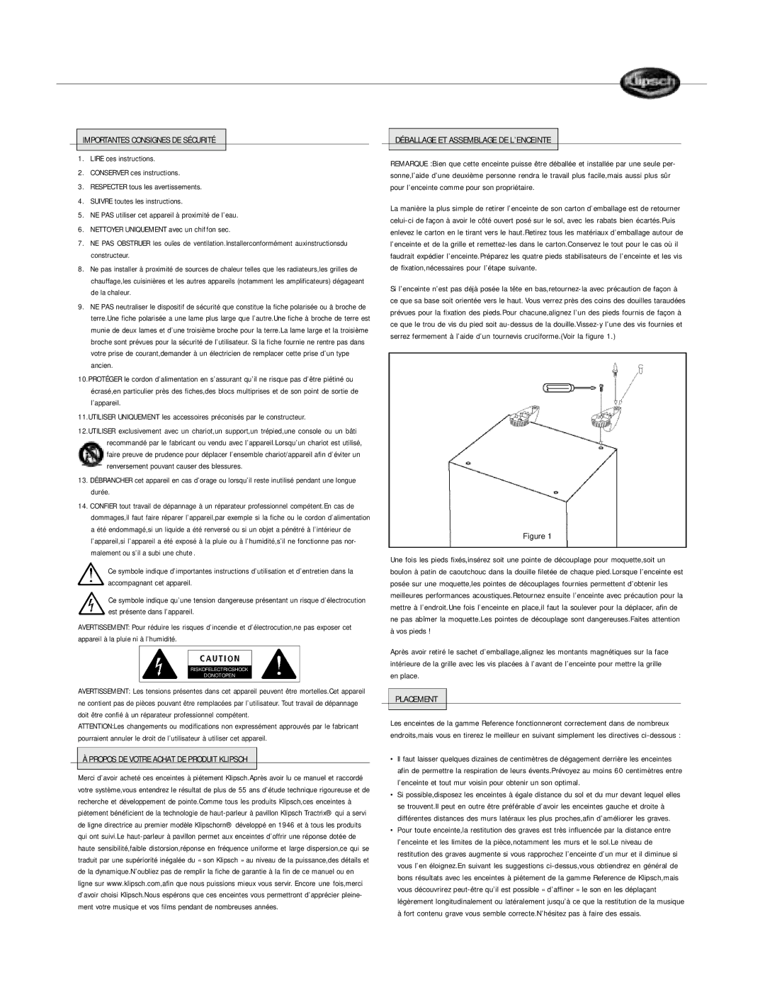 Klipsch Floorstanding Speaker owner manual Importantes Consignes DE Sécurité, Placement 