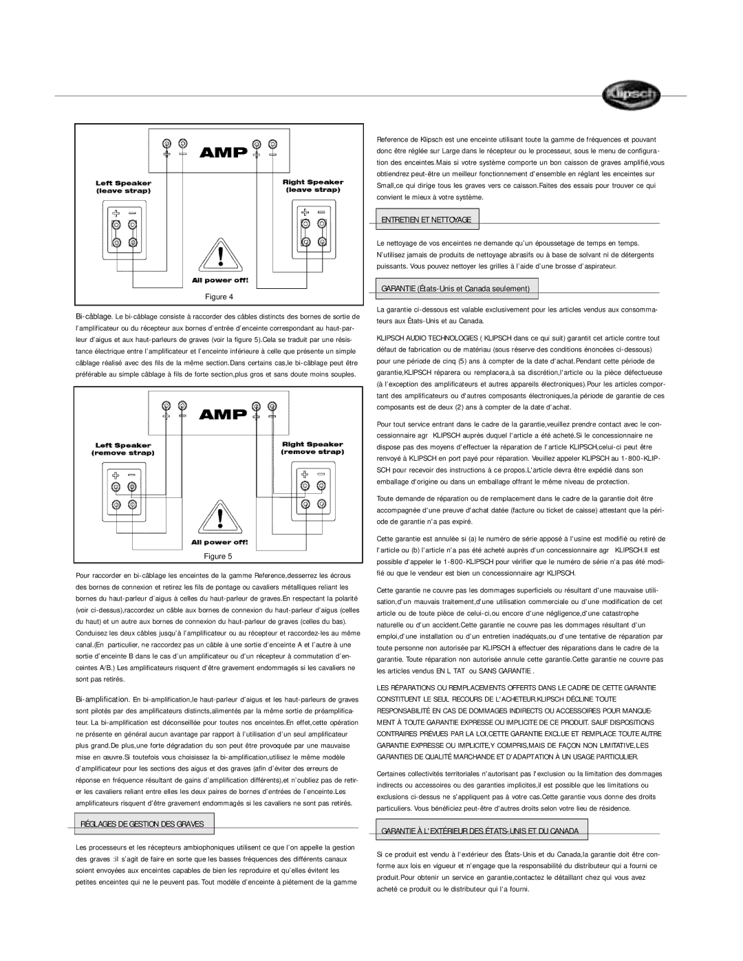 Klipsch Floorstanding Speaker owner manual Réglages DE Gestion DES Graves, Entretien ET Nettoyage 