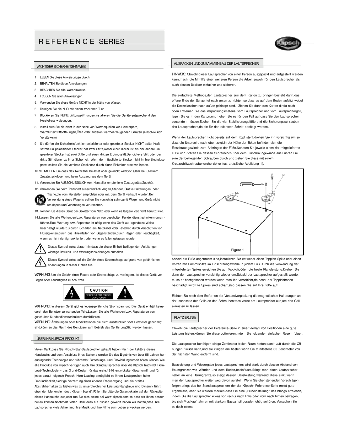 Klipsch Floorstanding Speaker owner manual Wichtiger Sicherheitshinweis, Platzierung 