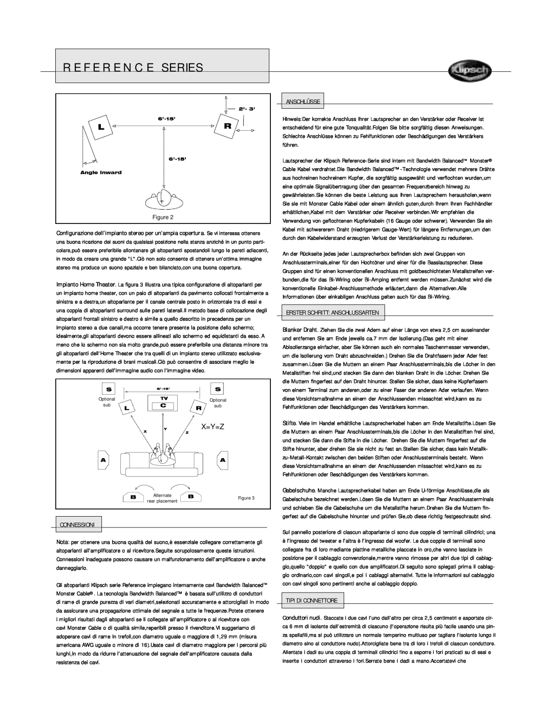 Klipsch Floorstanding Speaker owner manual Reference Series, X=Y=Z, Connessioni, Anschlüsse, Erster Schritt Anschlussarten 