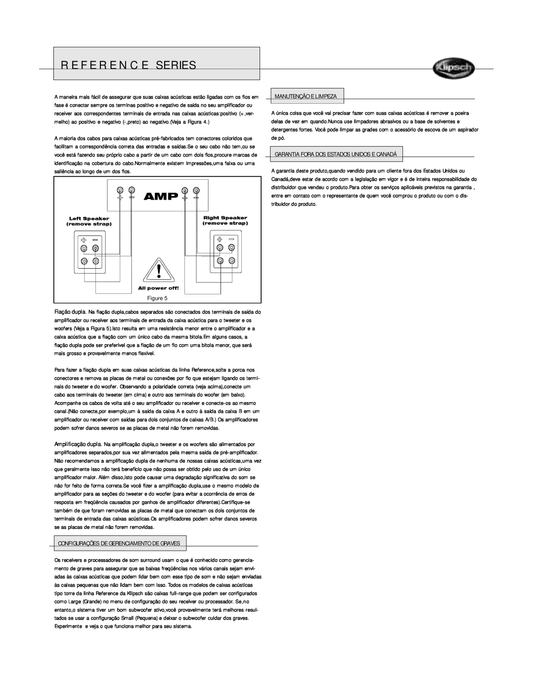Klipsch Floorstanding Speaker owner manual Reference Series, Configurações De Gerenciamento De Graves, Manutenção E Limpeza 