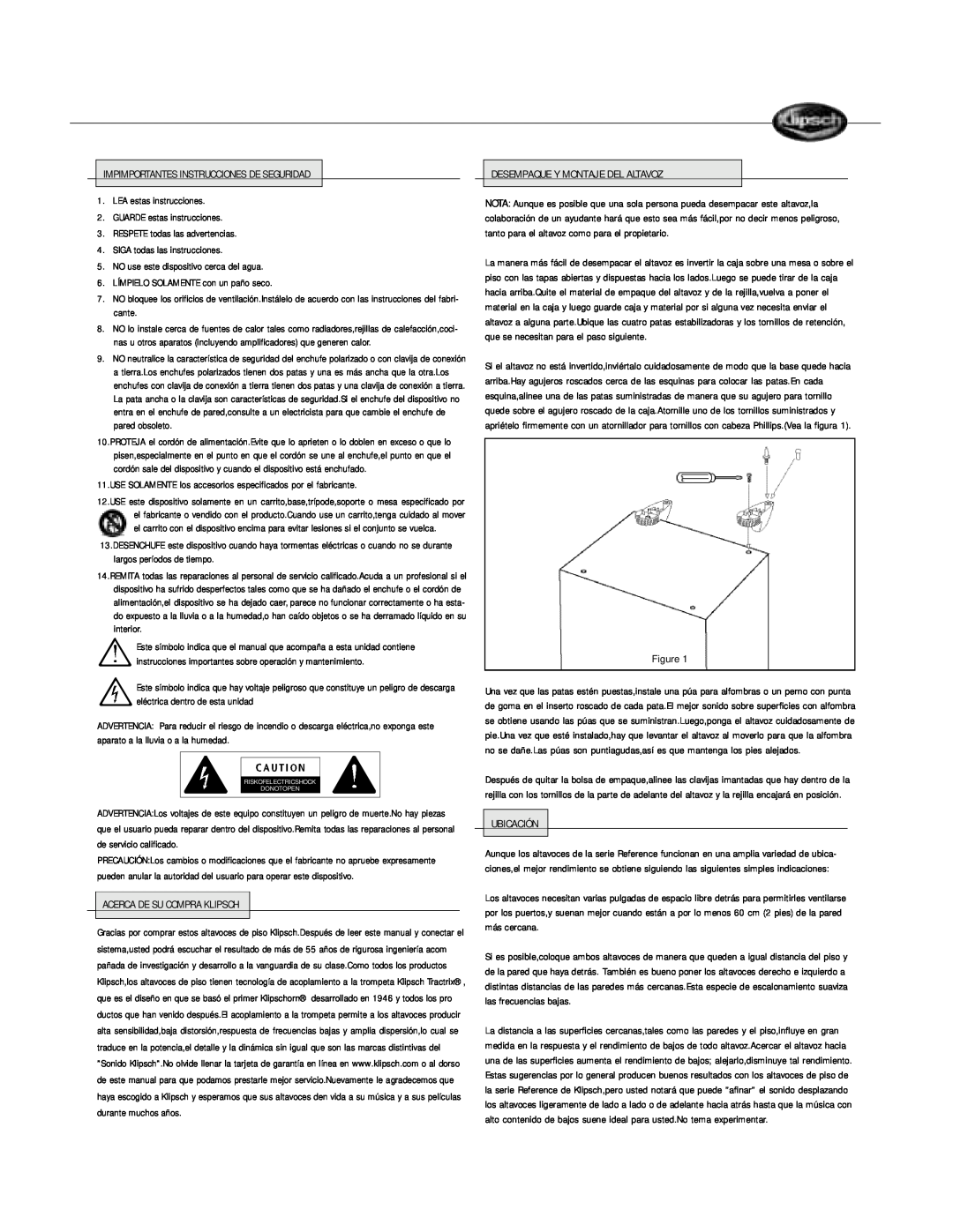 Klipsch Floorstanding Speaker owner manual Impimportantes Instrucciones De Seguridad 