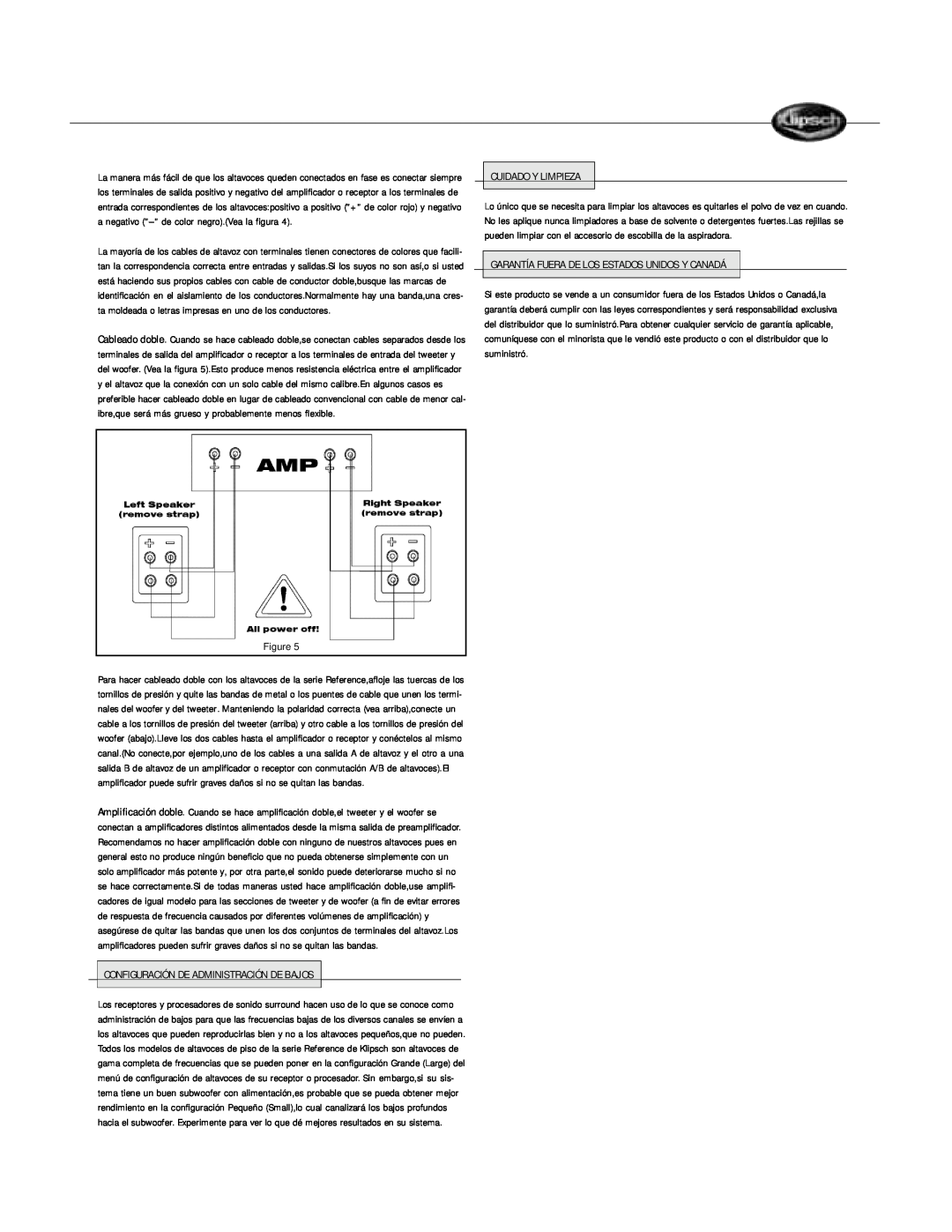 Klipsch Floorstanding Speaker owner manual Cuidado Y Limpieza, Garantía Fuera De Los Estados Unidos Y Canadá 