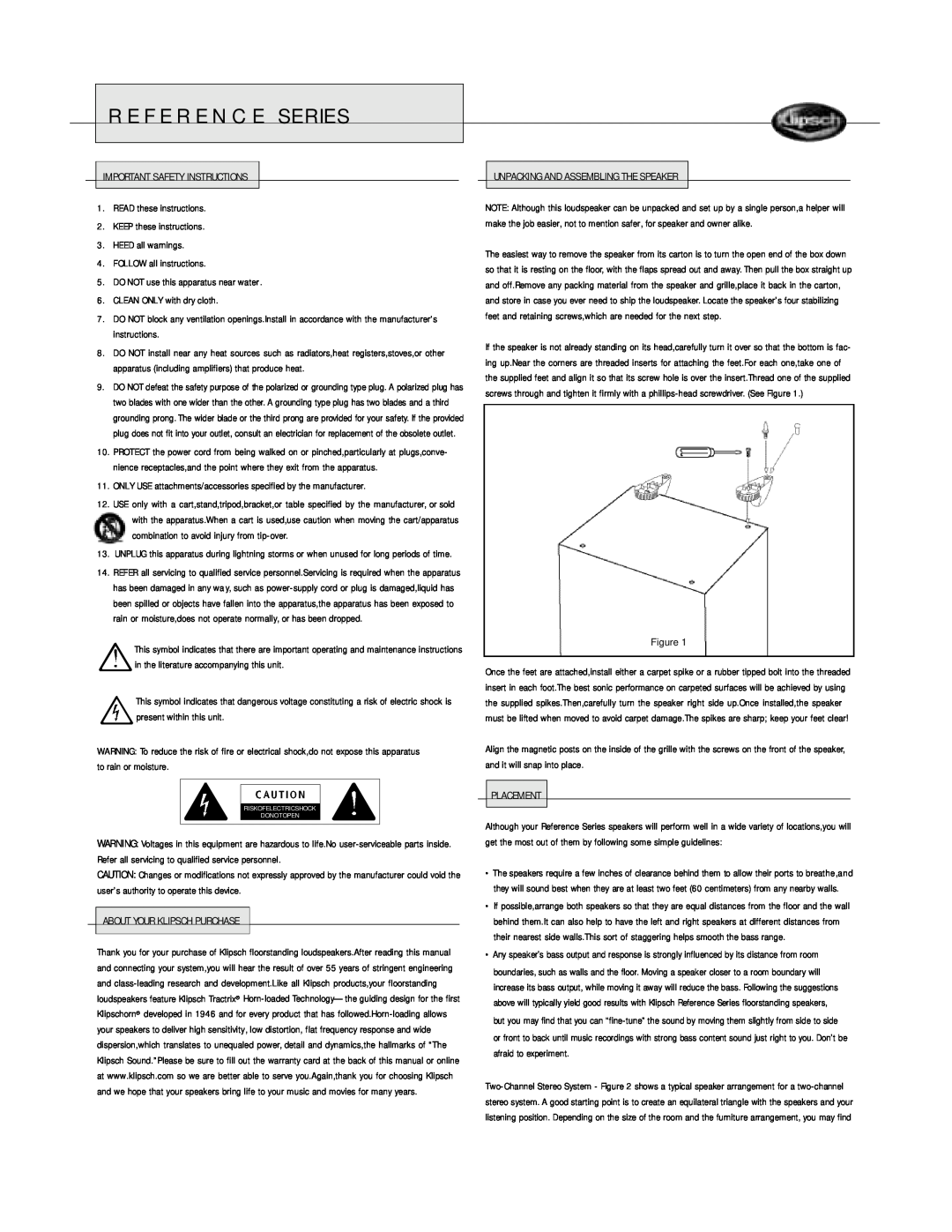 Klipsch Floorstanding Speaker owner manual Reference Series 