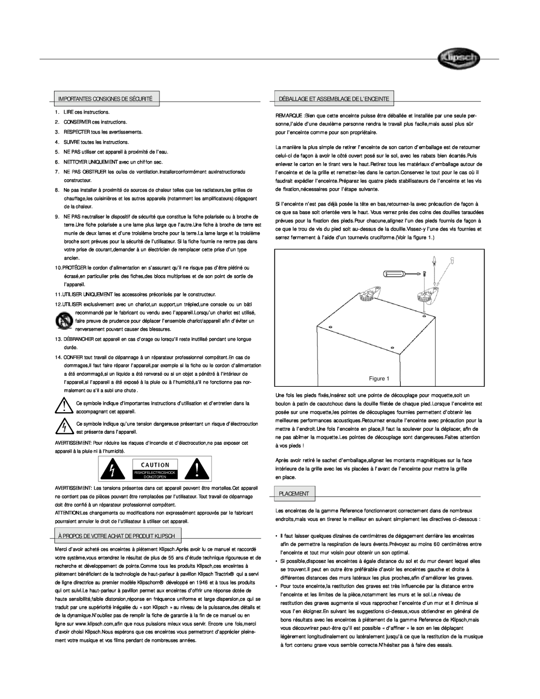 Klipsch Floorstanding Speaker owner manual Importantes Consignes De Sécurité 