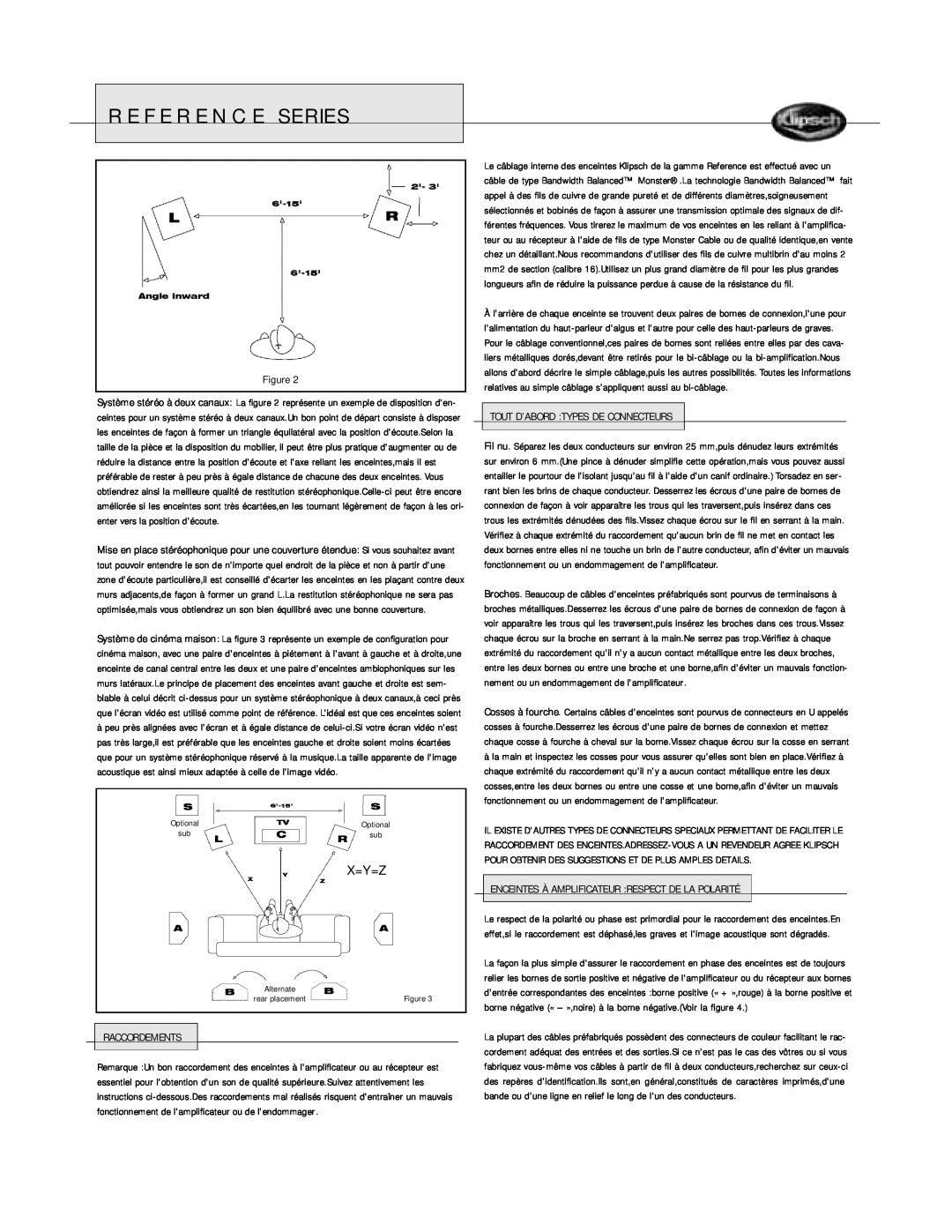 Klipsch Floorstanding Speaker owner manual X=Y=Z, Reference Series, Raccordements, Tout D’Abord Types De Connecteurs 