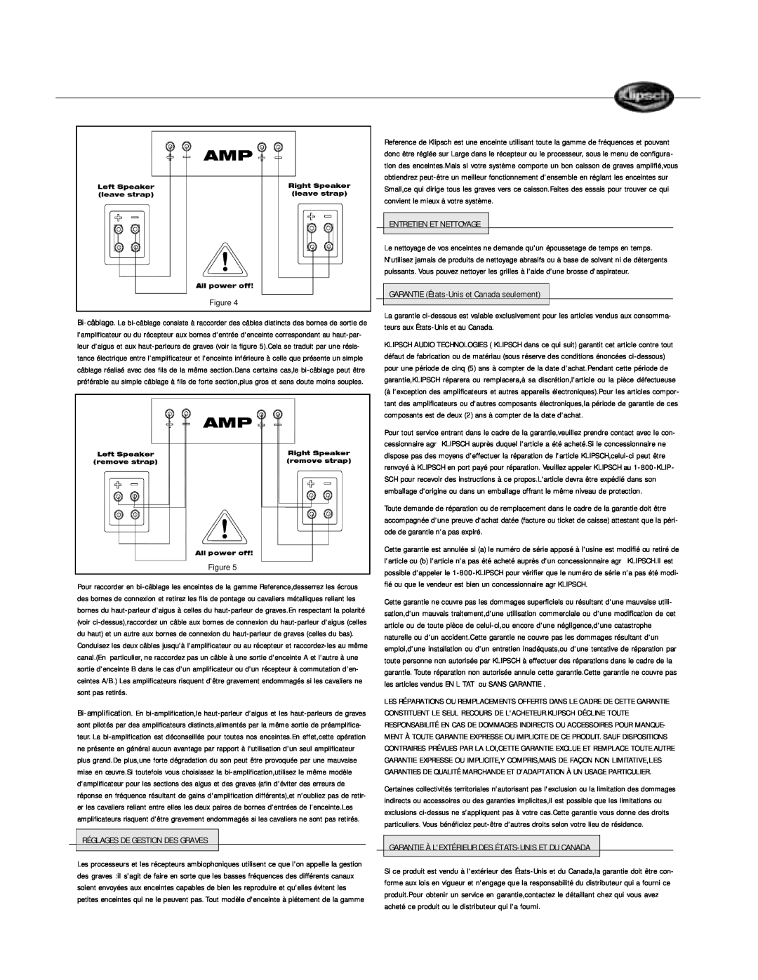 Klipsch Floorstanding Speaker owner manual Réglages De Gestion Des Graves, Entretien Et Nettoyage 