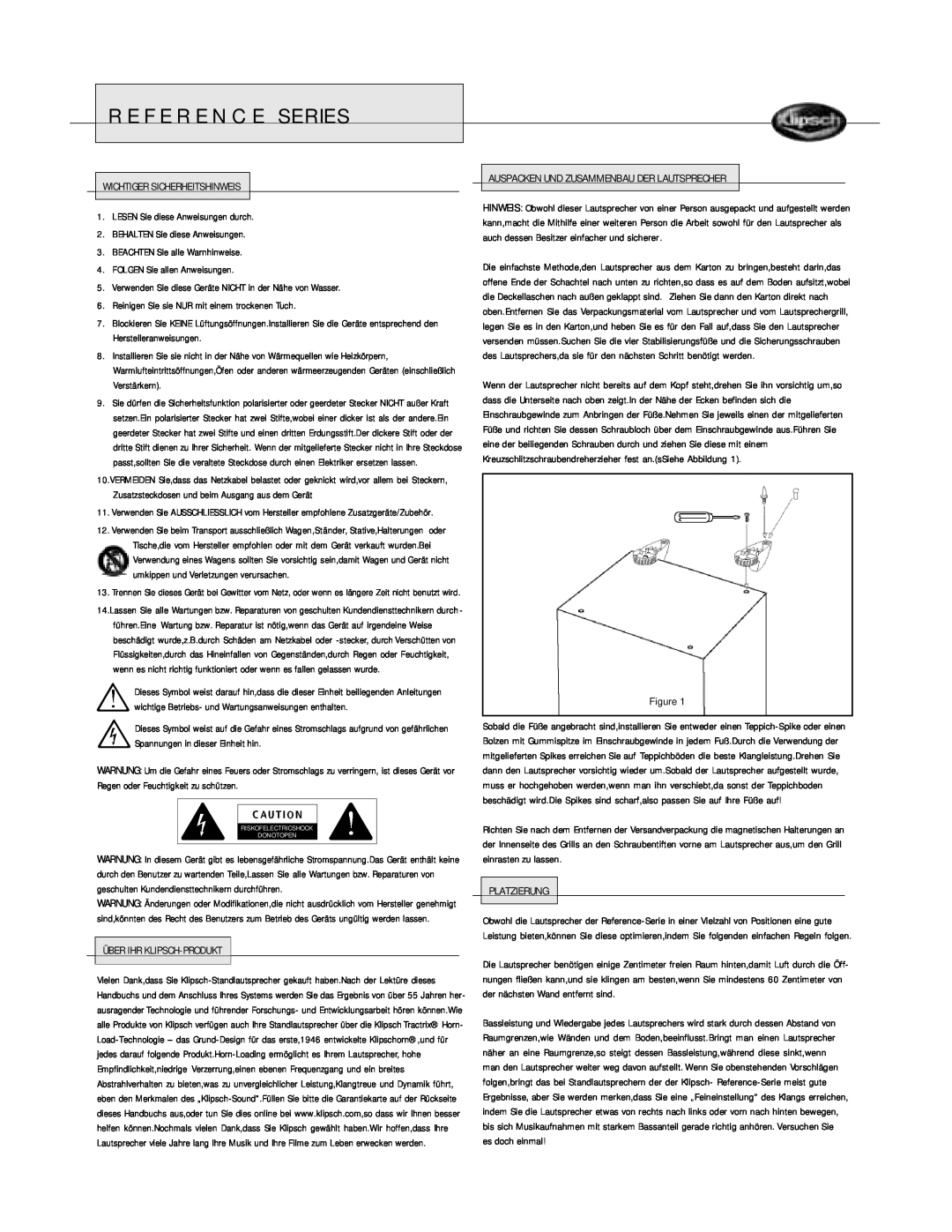 Klipsch Floorstanding Speaker owner manual Reference Series, Wichtiger Sicherheitshinweis 