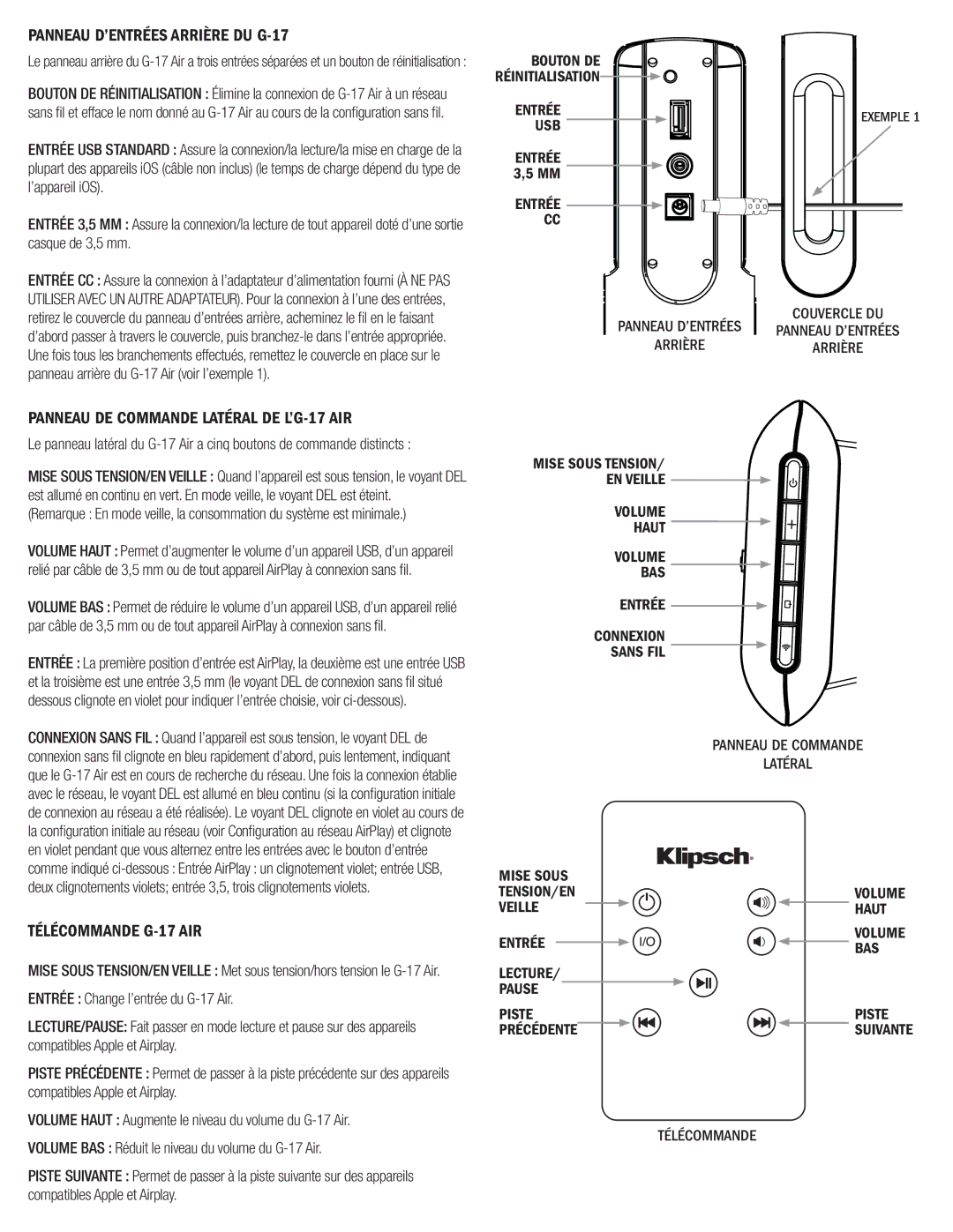 Klipsch owner manual Panneau D’ENTRÉES Arrière DU G-17, Panneau DE Commande Latéral DE L’G-17 AIR, Télécommande G-17 AIR 