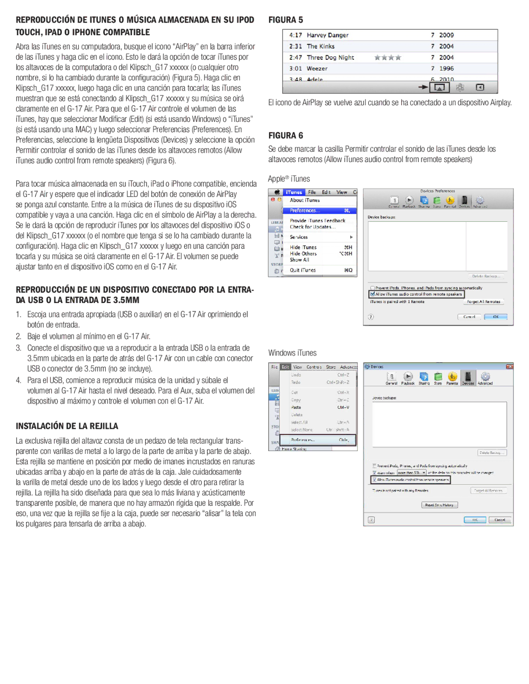 Klipsch G-17 AIR owner manual Instalación DE LA Rejilla, Apple iTunes Windows iTunes 
