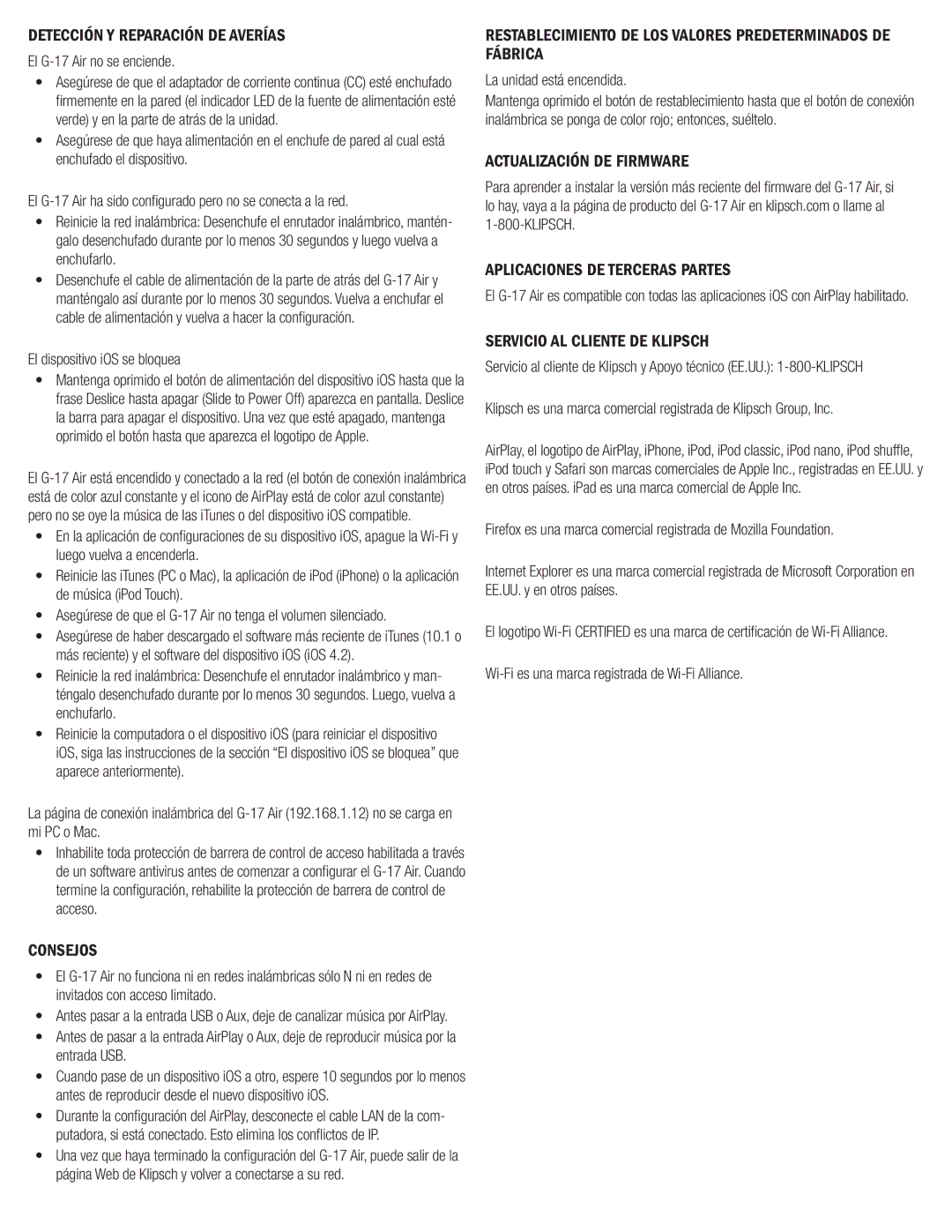 Klipsch G-17 AIR Detección Y Reparación DE Averías, Consejos, Restablecimiento DE LOS Valores Predeterminados DE Fábrica 