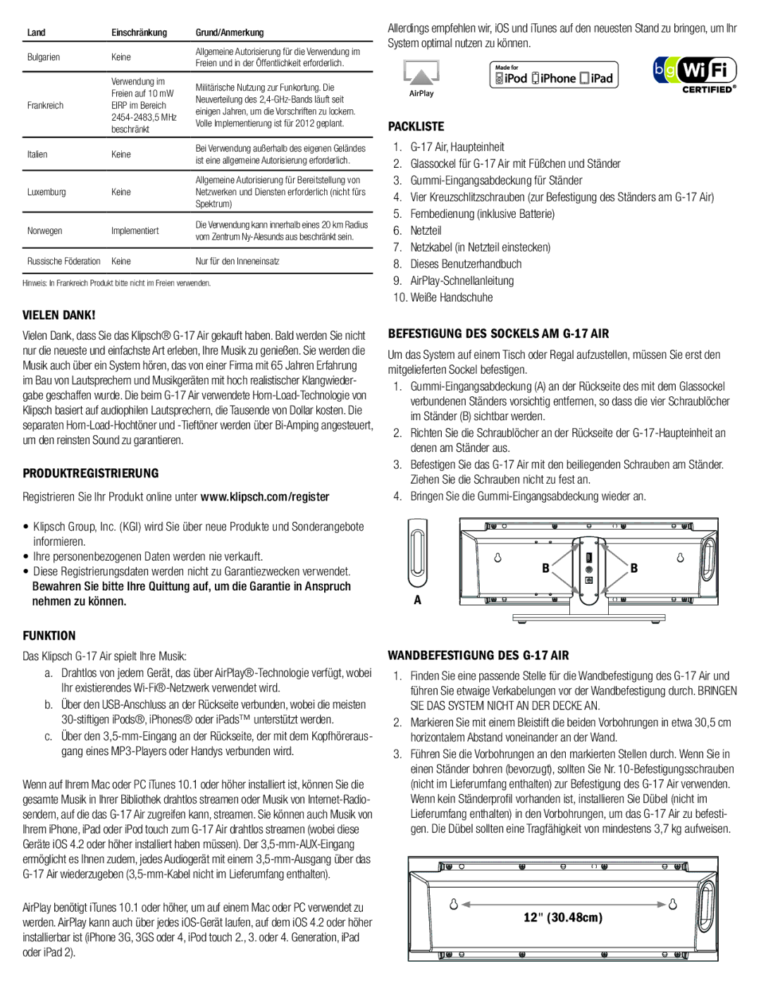 Klipsch owner manual Vielen Dank, Produktregistrierung, Funktion, Packliste, Befestigung DES Sockels AM G-17 AIR 