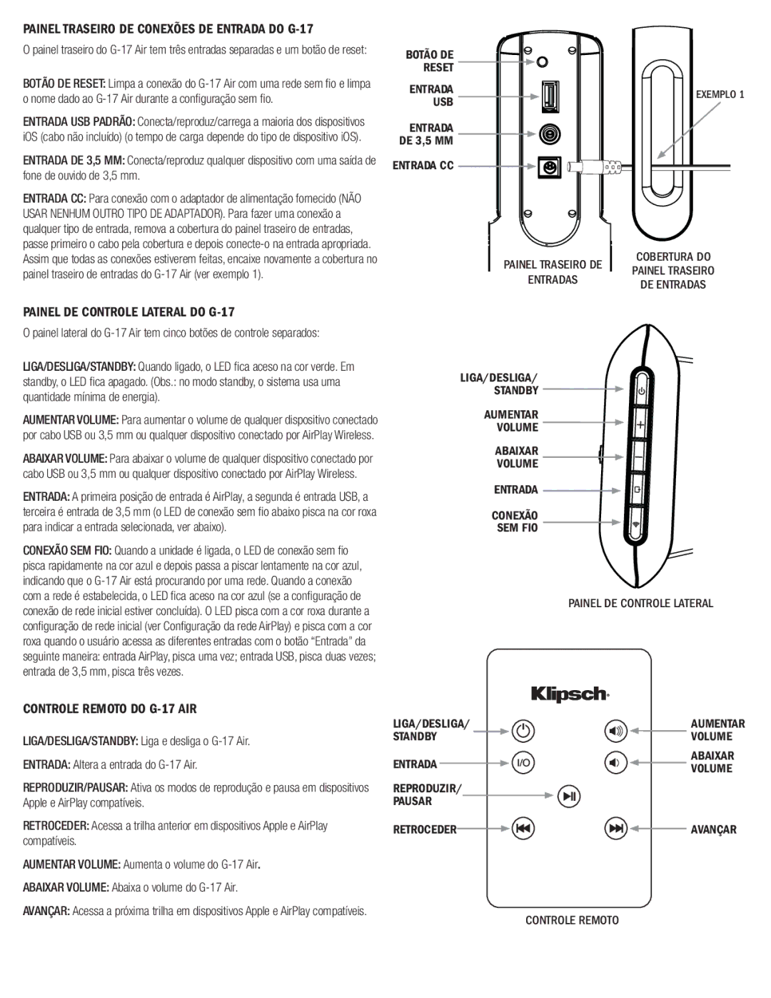 Klipsch owner manual Painel DE Controle Lateral do G-17, Controle Remoto do G-17 AIR, DE 3,5 MM 