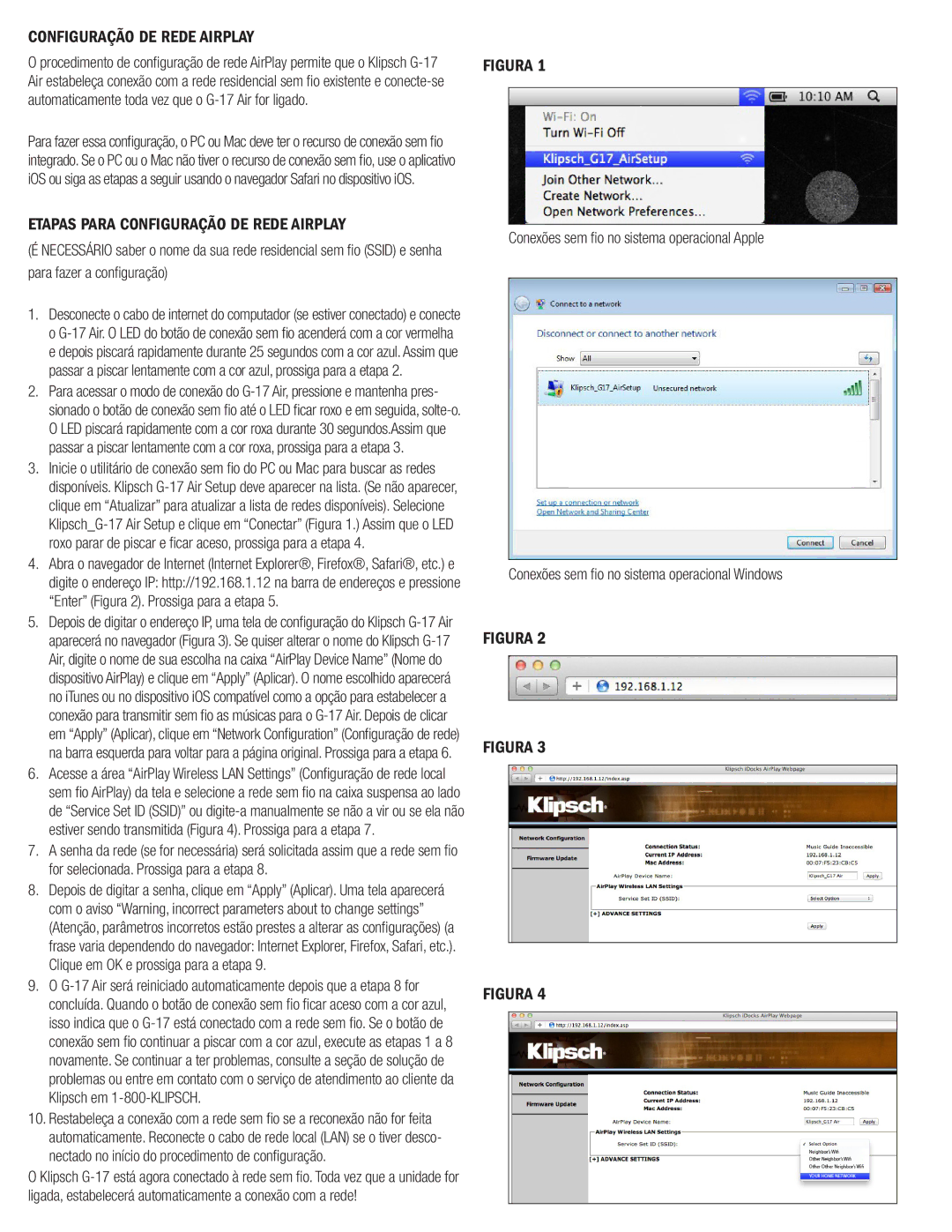 Klipsch G-17 AIR owner manual Etapas Para Configuração DE Rede Airplay, Conexões sem fio no sistema operacional Apple 