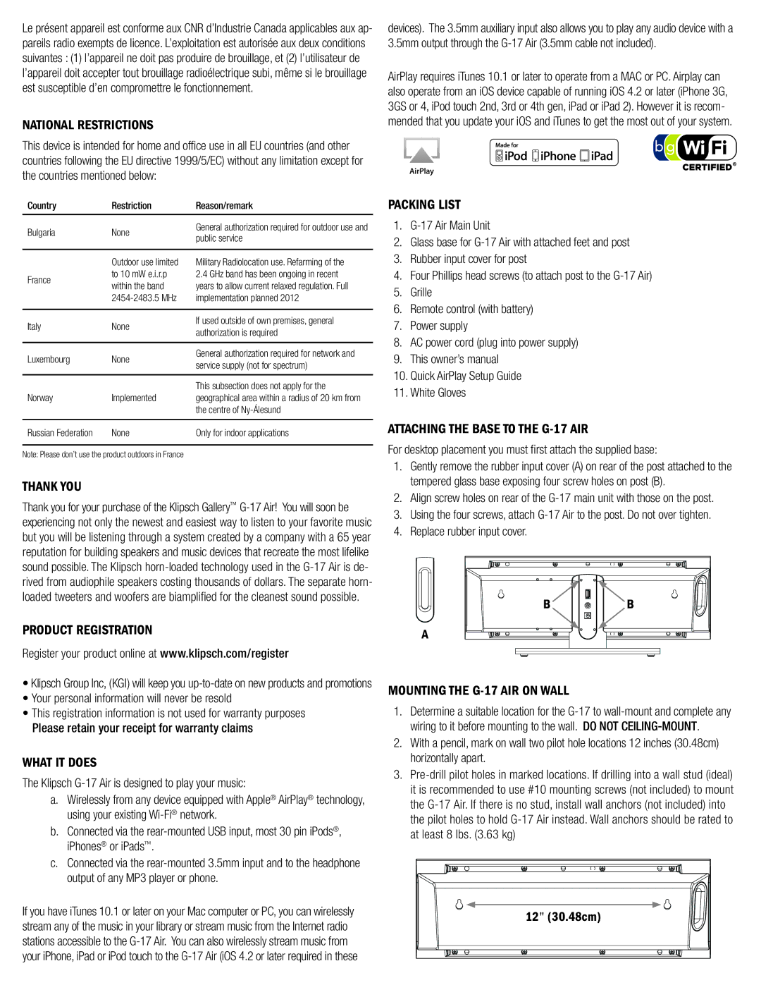 Klipsch National Restrictions, Thank YOU, Product Registration Packing List, Attaching the Base to the G-17 AIR 