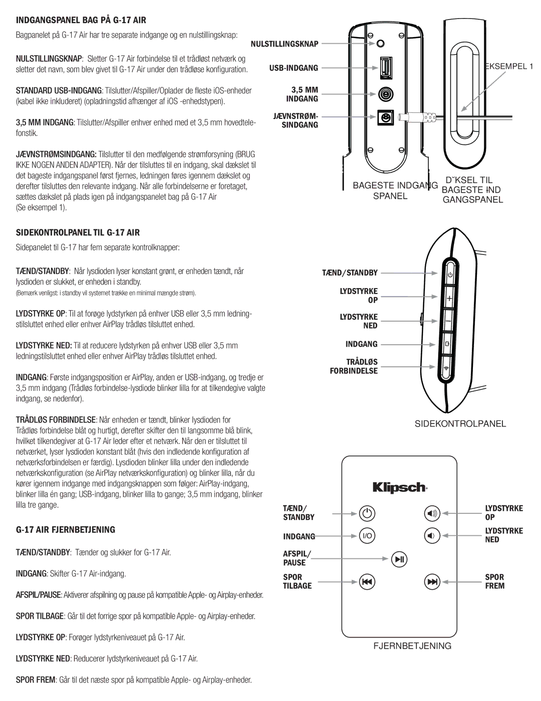 Klipsch owner manual Indgangspanel BAG PÅ G-17 AIR, Sidekontrolpanel TIL G-17 AIR, AIR Fjernbetjening, Se eksempel 