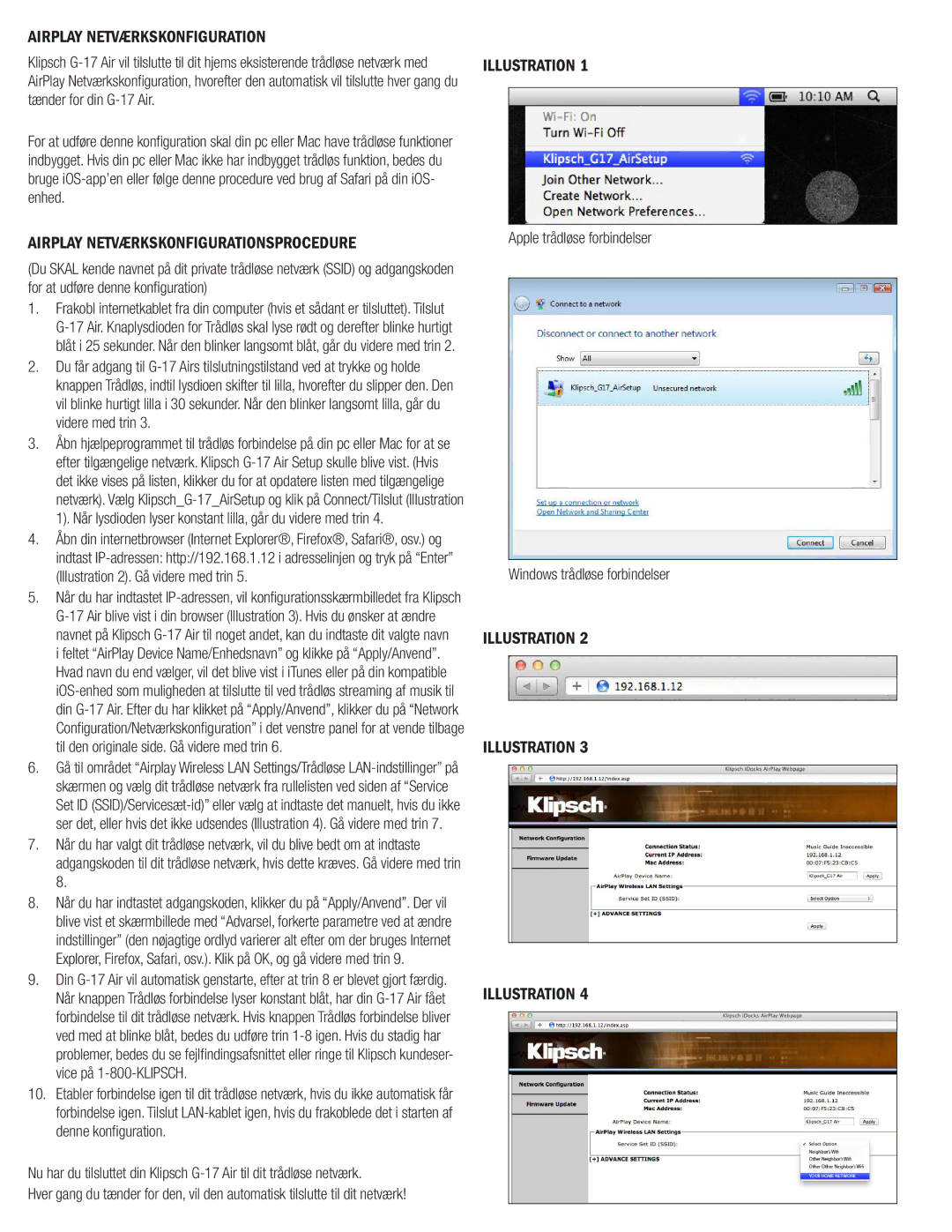 Klipsch G-17 AIR owner manual Airplay Netværkskonfigurationsprocedure, Illustration, Apple trådløse forbindelser 