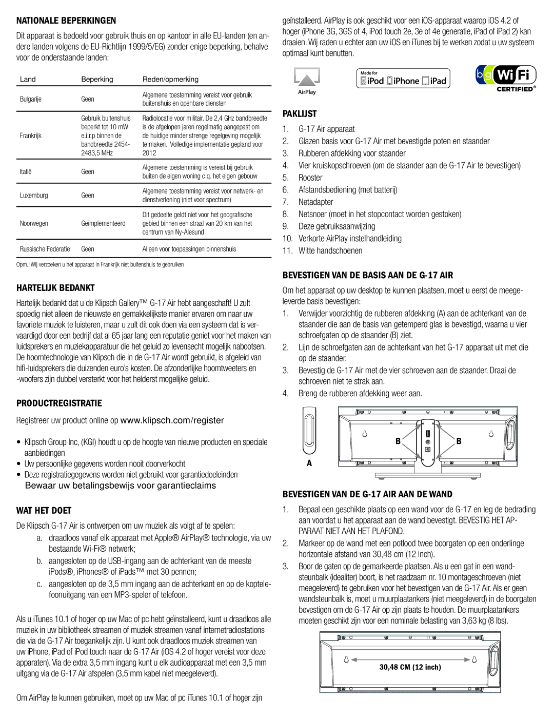 Klipsch G-17 AIR owner manual Nationale Beperkingen, Hartelijk Bedankt, Productregistratie, WAT HET Doet, Paklijst 