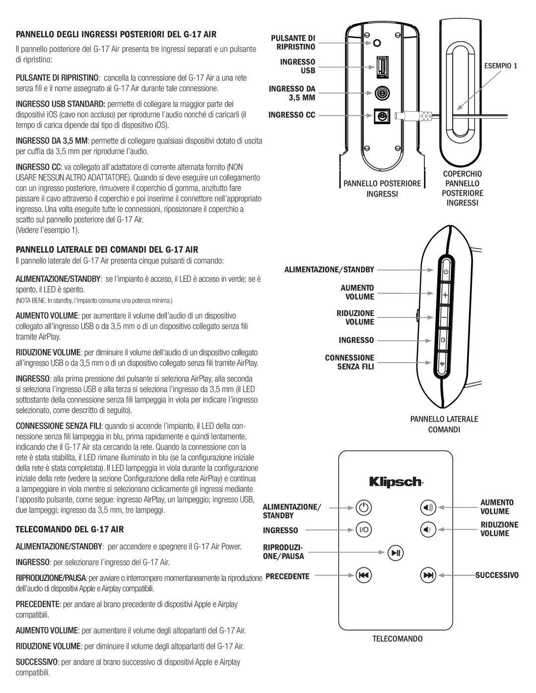 Klipsch owner manual Pannello Laterale DEI Comandi DEL G-17 AIR, Telecomando DEL G-17 AIR, Vedere l’esempio 