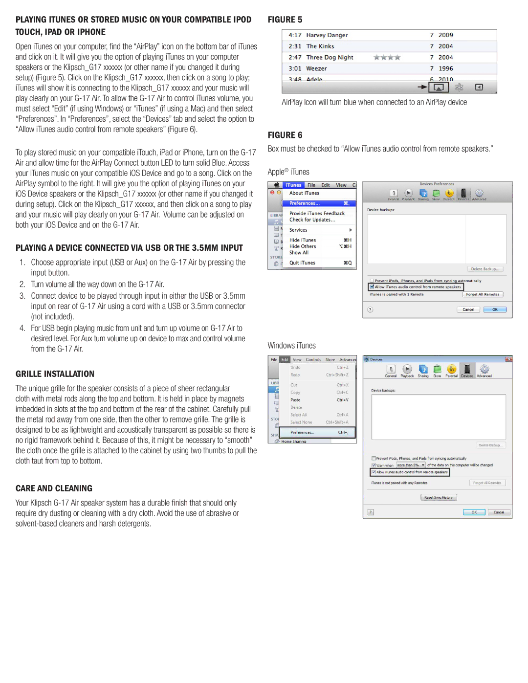 Klipsch G-17 AIR owner manual Grille Installation, Care and Cleaning, Apple iTunes Windows iTunes 