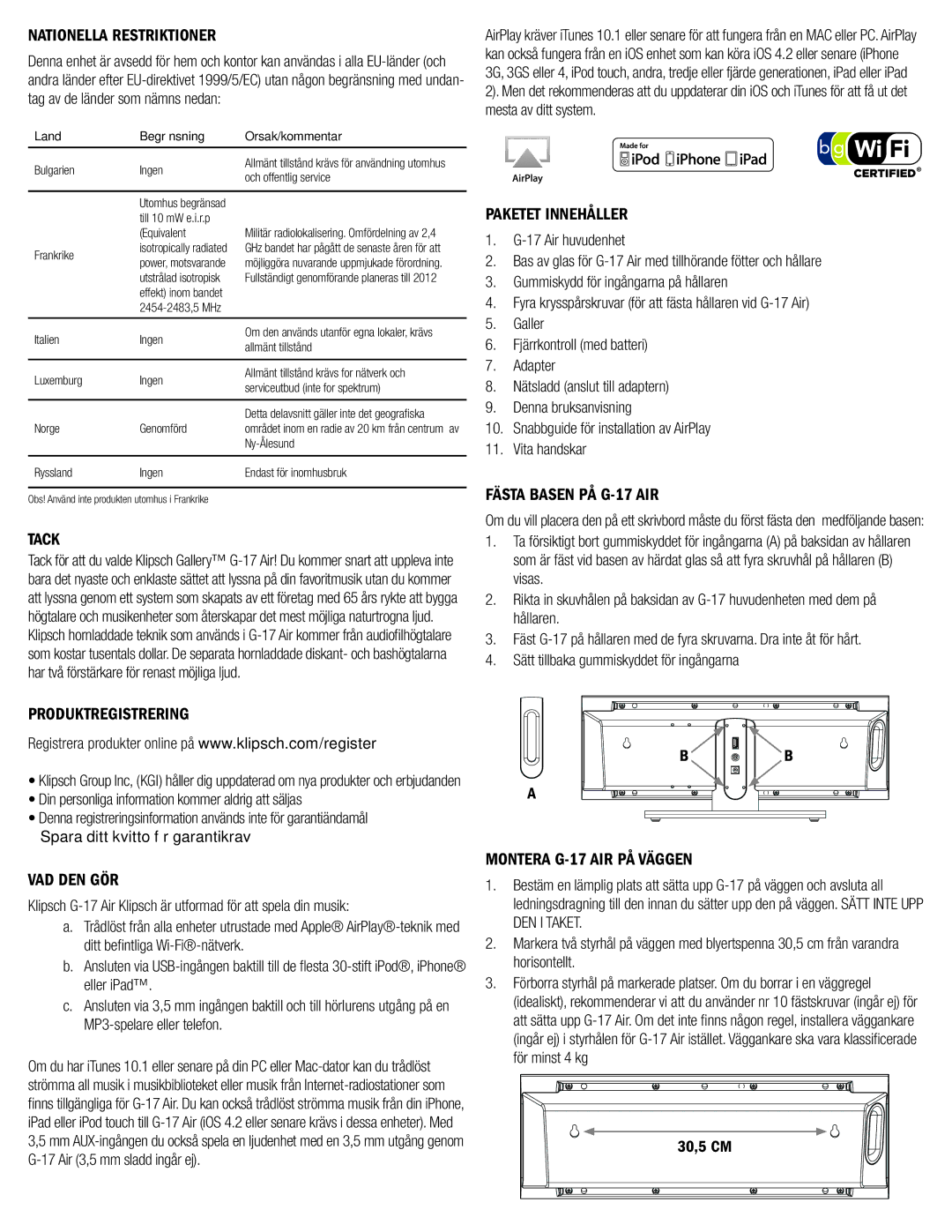 Klipsch owner manual Nationella Restriktioner, Tack, Paketet Innehåller, Fästa Basen PÅ G-17 AIR, Vad Den Gör 