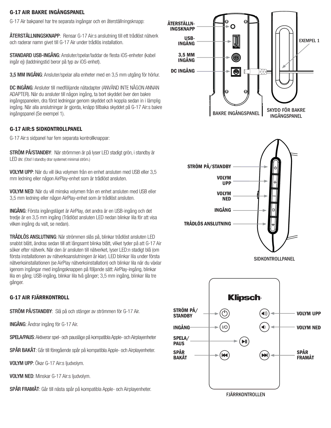 Klipsch G-17 AIR owner manual AIR Bakre Ingångspanel, Airs Sidkontrollpanel, AIR Fjärrkontroll 