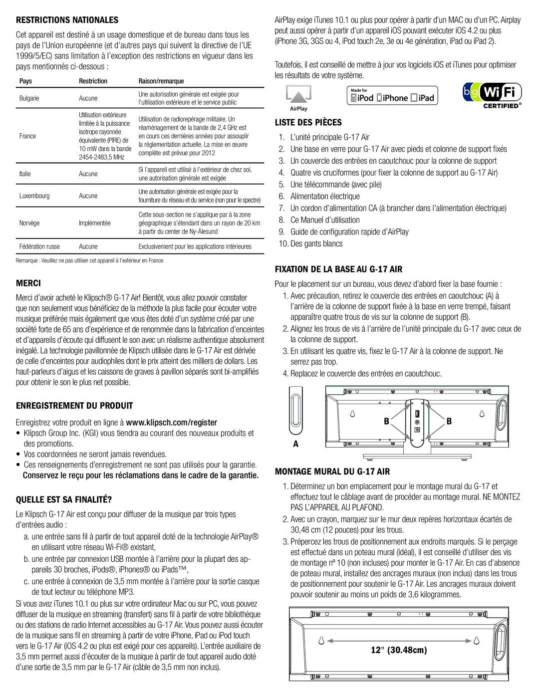 Klipsch Restrictions Nationales, Merci, Liste DES Pièces, Fixation DE LA Base AU G-17 AIR, Enregistrement DU Produit 