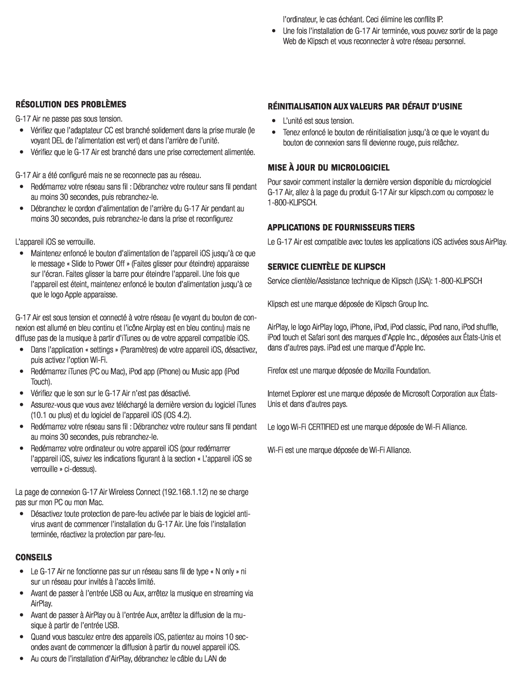Klipsch G-17 AIR owner manual Résolution Des Problèmes, Réinitialisation Aux Valeurs Par Défaut D’Usine, Conseils 